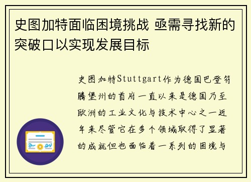 史图加特面临困境挑战 亟需寻找新的突破口以实现发展目标