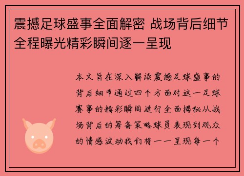 震撼足球盛事全面解密 战场背后细节全程曝光精彩瞬间逐一呈现