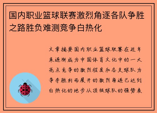 国内职业篮球联赛激烈角逐各队争胜之路胜负难测竞争白热化